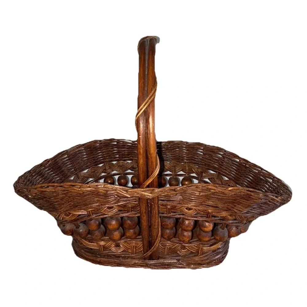 Handwoven Willow Wooden‎ Bead Gathering Basket Philippines Vintage 1980s